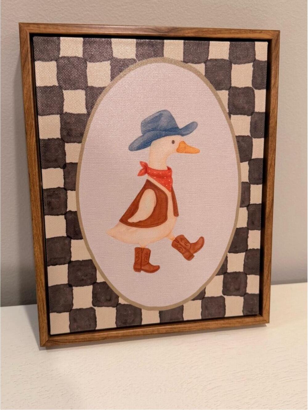 Cowboy Duck Framed Wall Art - Blue Hat, Red Bandana Checkerboard Wood Frame NEW
